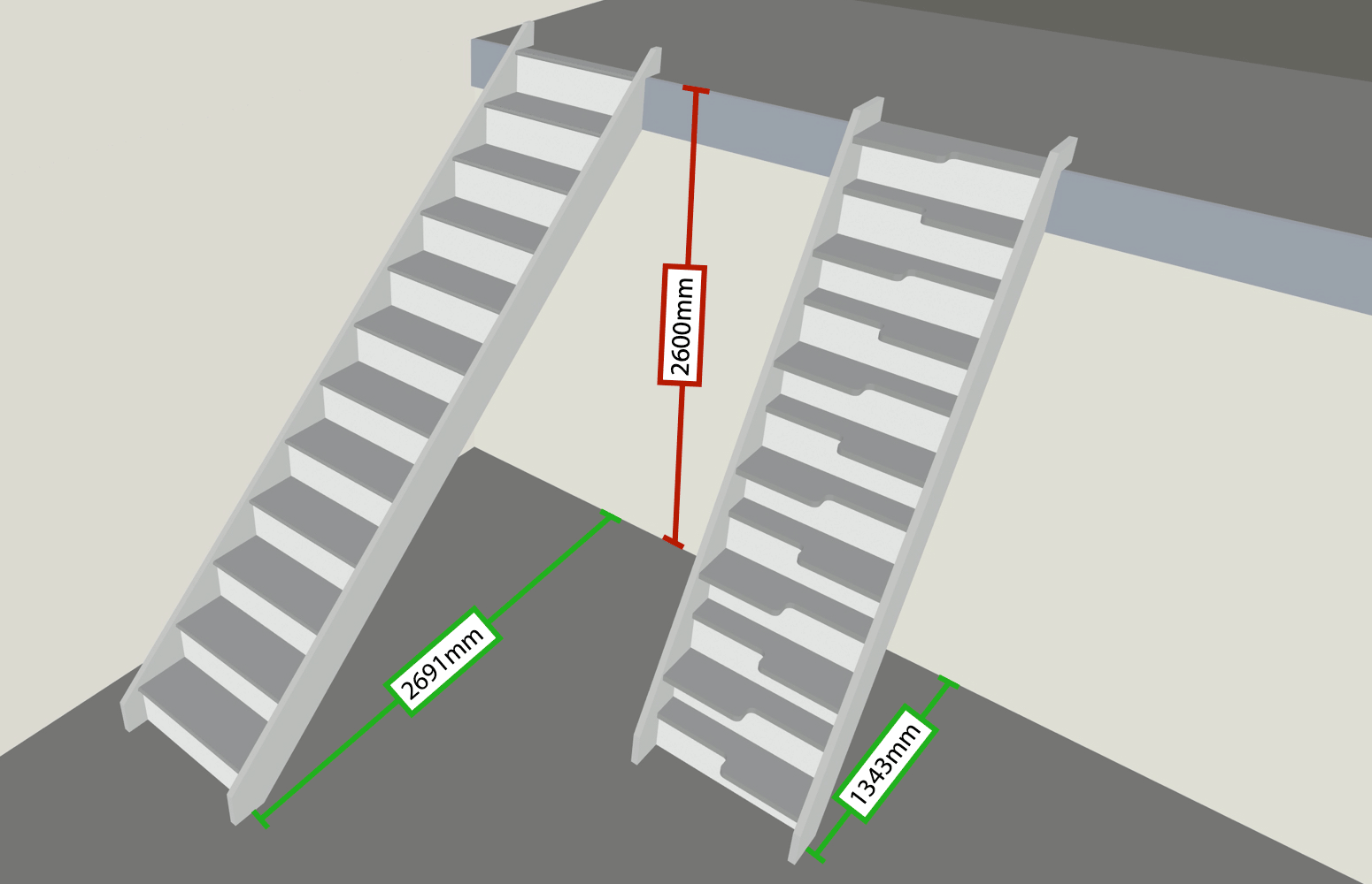 Comparison in length of a space saver staircase compared to a conventional one